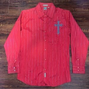 LAMASINI Mens Sz LRG Button Western Shirt Flip Cuffs Embroidered Cross Preowned